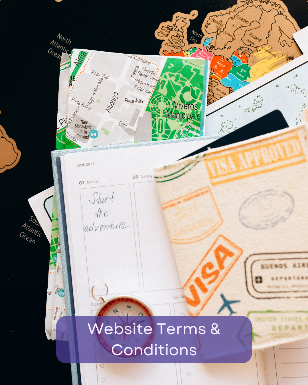 Travel-themed graphic collage promoting “Website Terms & Conditions” through travel documents and exploration imagery. Visible elements include world map, city map, passport, handwritten adventure note, compass, and purple text banner.