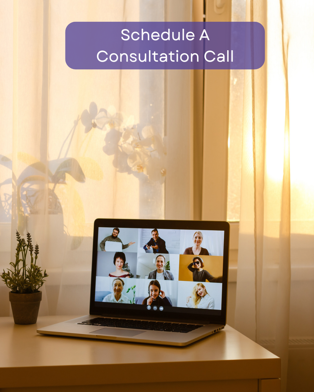 Photograph promoting a virtual consultation call. Purple rounded banner reads “Schedule A Consultation Call,” while sunlit curtains and potted plant create a home-office setting.