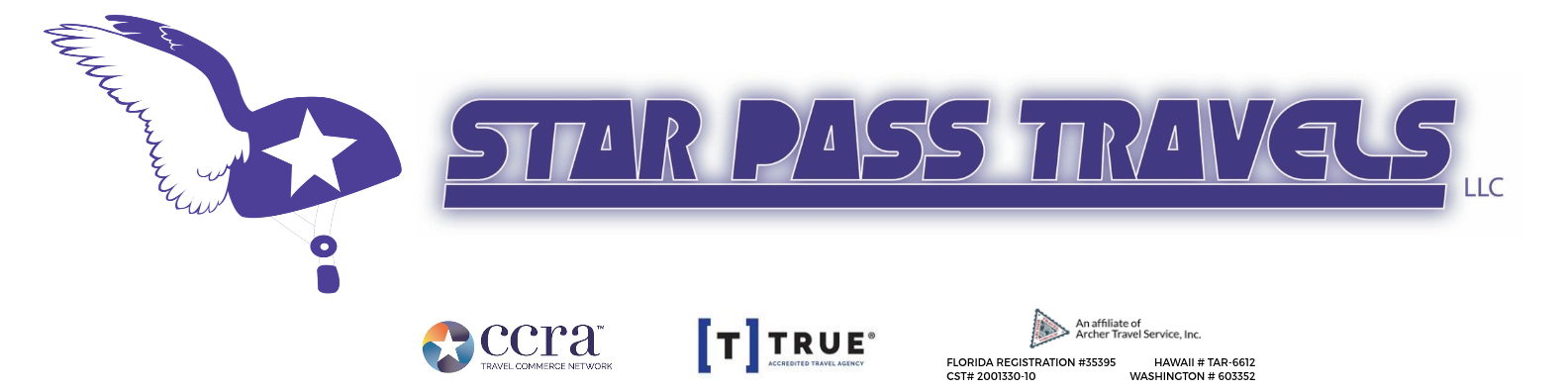 Blue-and-white travel agency branding banner featuring stylized “Star Pass Travels” lettering and a winged star logo. Lower section displays accreditation marks for CCRA, TRUE, and Seller of Travel registrations.