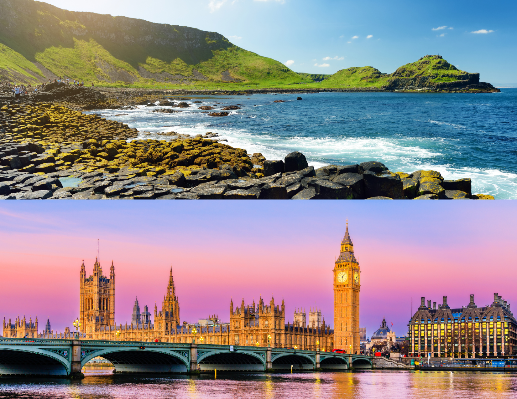 Composite photograph featuring rugged basalt coastline and green cliffs above blue sea, paired with a sunset view of London’s Westminster Bridge, Palace of Westminster, and Big Ben. Upper scene highlights distinctive hexagonal rock formations and surf; lower scene shows illuminated Gothic architecture, river reflections, and pink-purple sky.