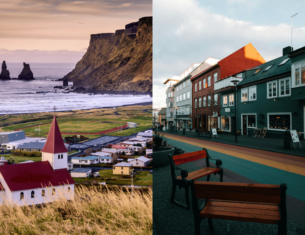 Photograph showing a coastal Icelandic village, likely Vík, with red-roofed white church, colorful buildings, benches, fields, and road. Reynisfjall cliff, black-sand shoreline, ocean, and offshore basalt sea stacks form dramatic background beneath cloudy sky, emphasizing village setting beside rugged coast.
